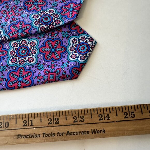 Vtg Womens Purple Blouse Large Purple Geometric Button Up Neck Tie 1980s Poly - Picture 3 of 12